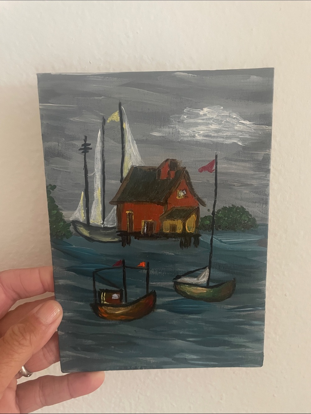 Hand-Painted Coastal Art Print - Red House & Boats
